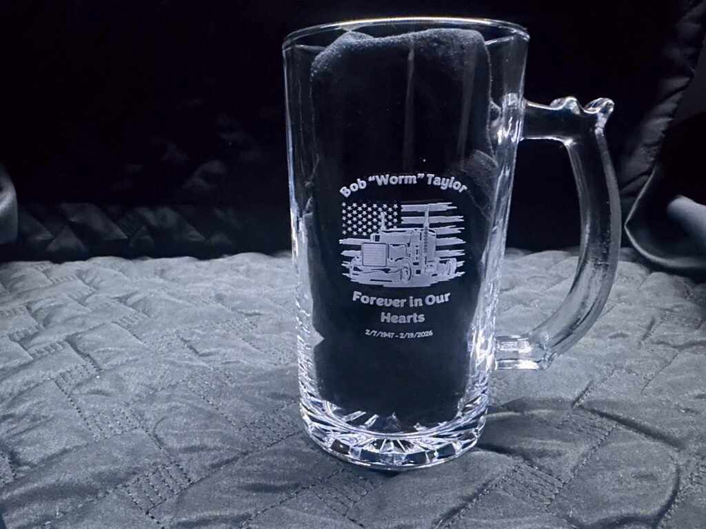 Engraved memorial beer mug, side view